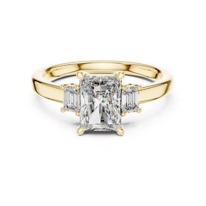Riora radiant emerald cut cubic zirconia engagement ring in gold, rose, and silver with hypoallergenic bridal promise jewelry design