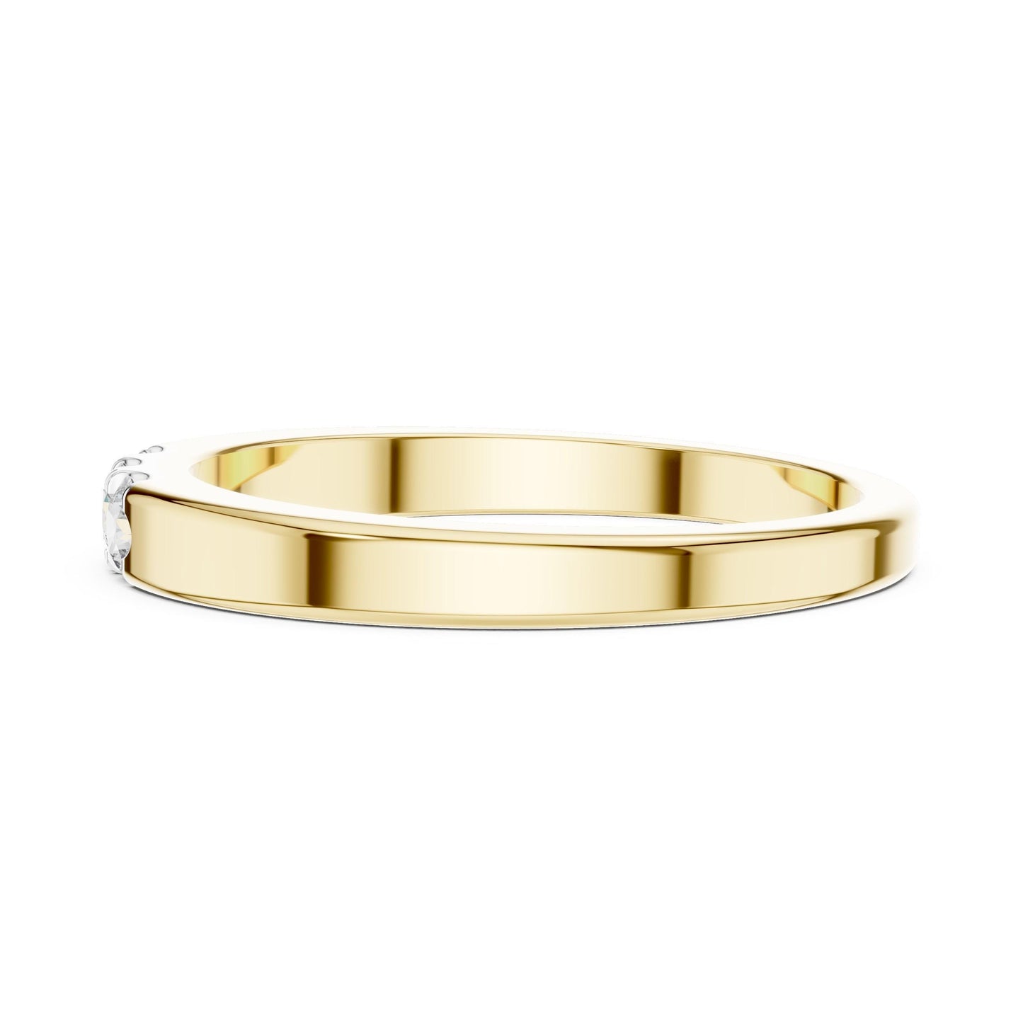 Riora moissanite wedding band in rose gold, minimalist stackable promise ring with diamond accents for women.