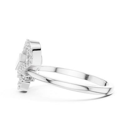 Luxury geometric moissanite diamond ring by Riora featuring gold and silver minimalist design, modern statement jewelry for engagement.