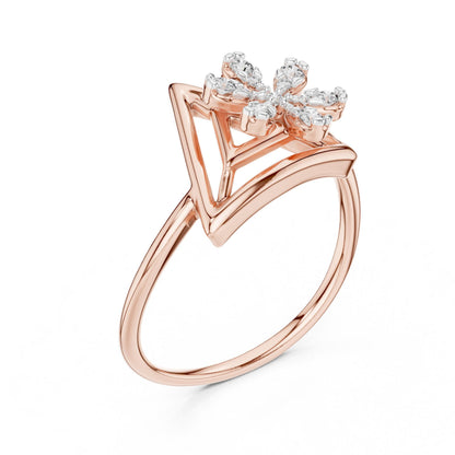 Riora Moissanite flower triangle ring featuring geometric floral design in rose gold, minimalist engagement band with diamond accents