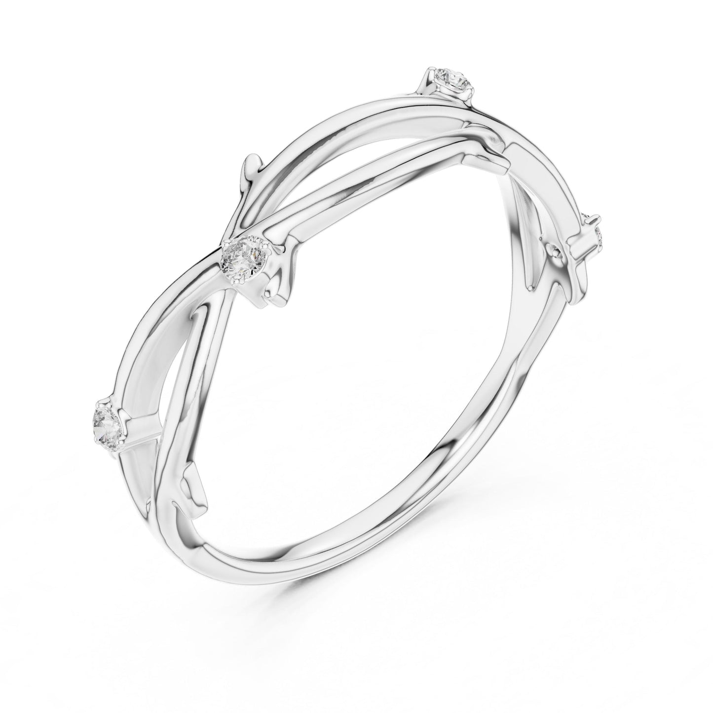 Rose gold moissanite branch ring with twig-inspired design and minimalist diamond look, featuring nature-inspired details.