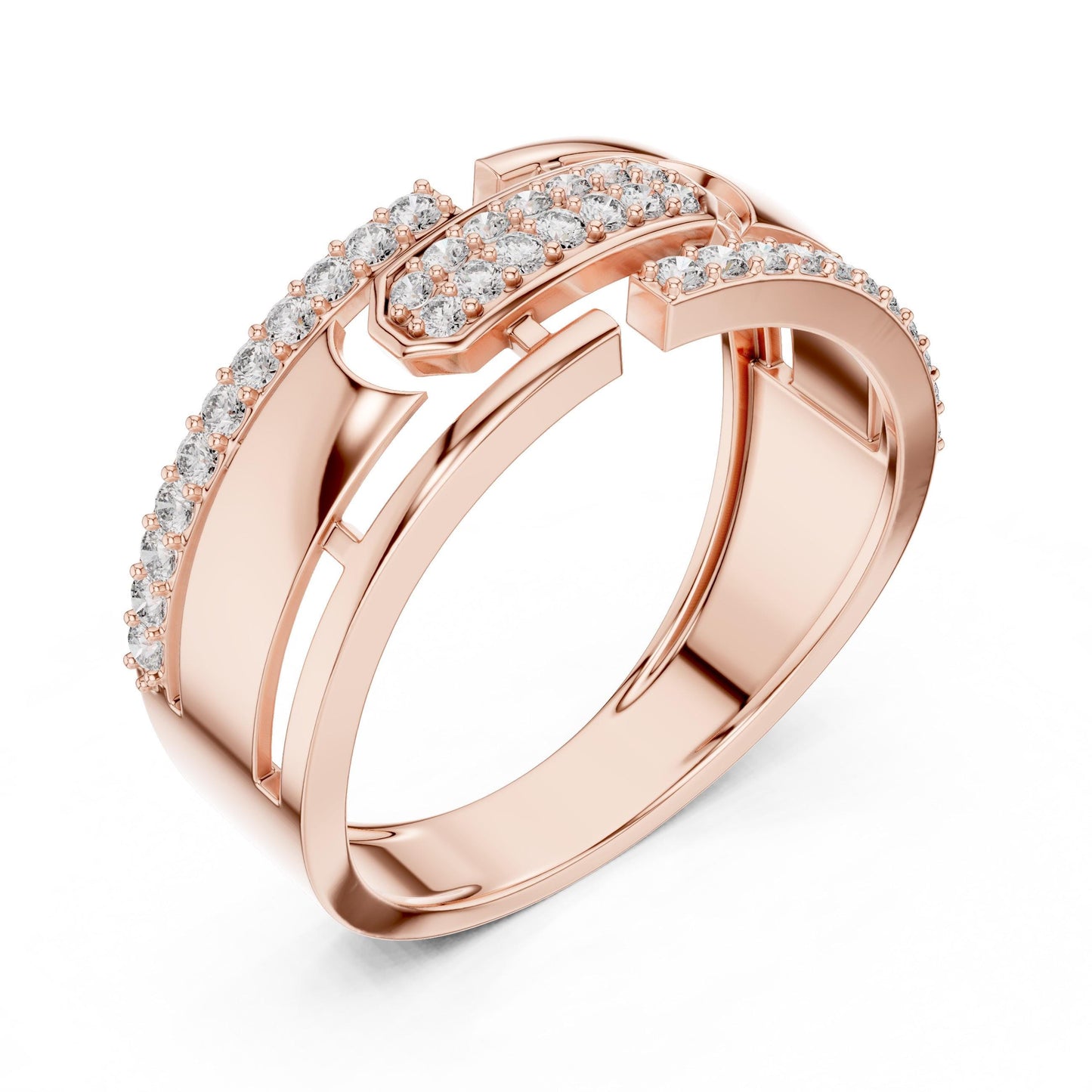 Riora luxury CZ link band ring in gold, rose, and silver with hypoallergenic design, ideal for statement or anniversary jewelry