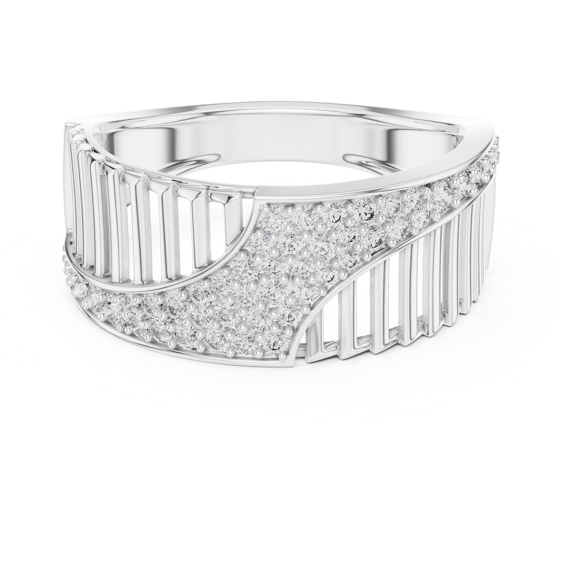 Riora curved CZ wide band ring in gold and silver, modern wedding and anniversary jewelry with a statement design.
