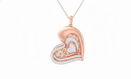Moissanite Heart Pendant Necklace – Rose Gold Filigree, Adjustable Chain