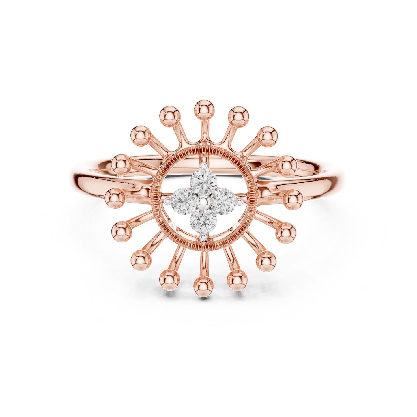 Riora moissanite sunburst halo engagement ring in rose gold, silver, vintage celestial style for wedding or special occasions