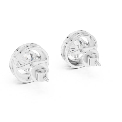 Riora 6.5mm Moissanite diamond halo stud earrings in gold and rose gold, bridal wedding jewelry, gift accessories