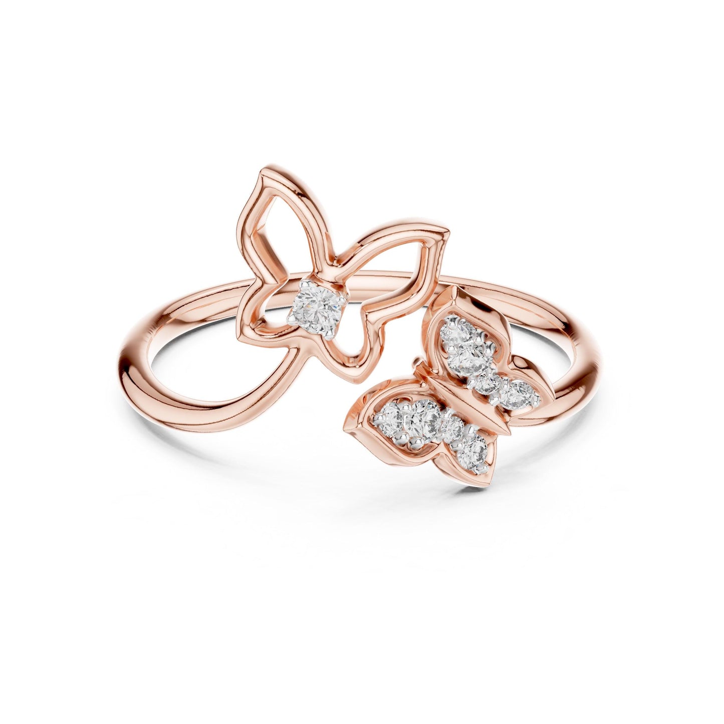 Riora moissanite butterfly ring with rose gold band, adjustable nature-inspired design, minimalist promise jewelry.