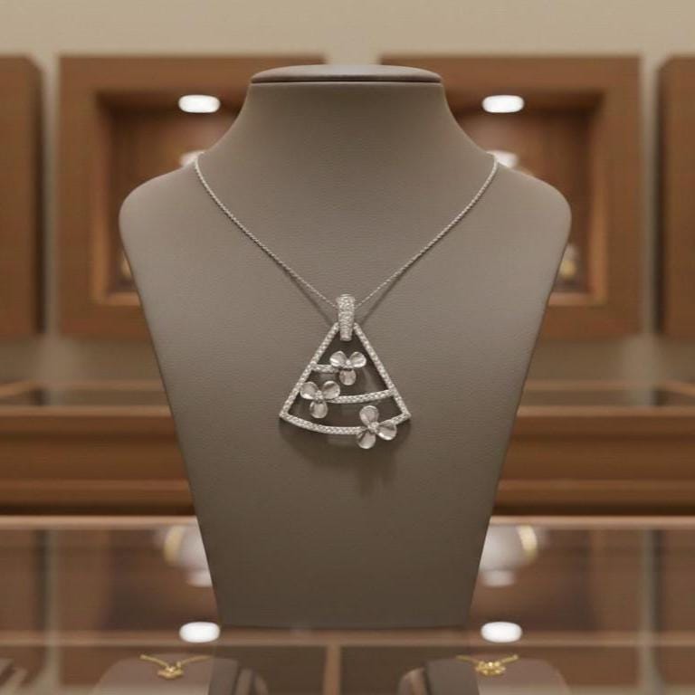 Moissanite Triangle Pendant Necklace in Gold Rose Silver | Floral Geometric Charm | 22in Adjustable Chain
