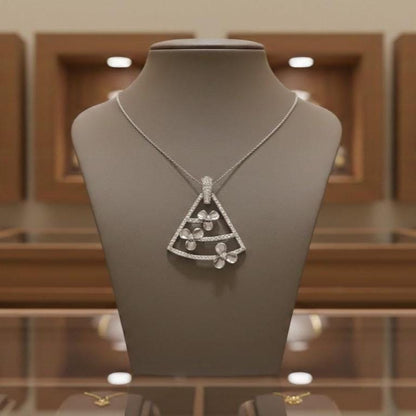 Moissanite Triangle Pendant Necklace in Gold Rose Silver | Floral Geometric Charm | 22in Adjustable Chain