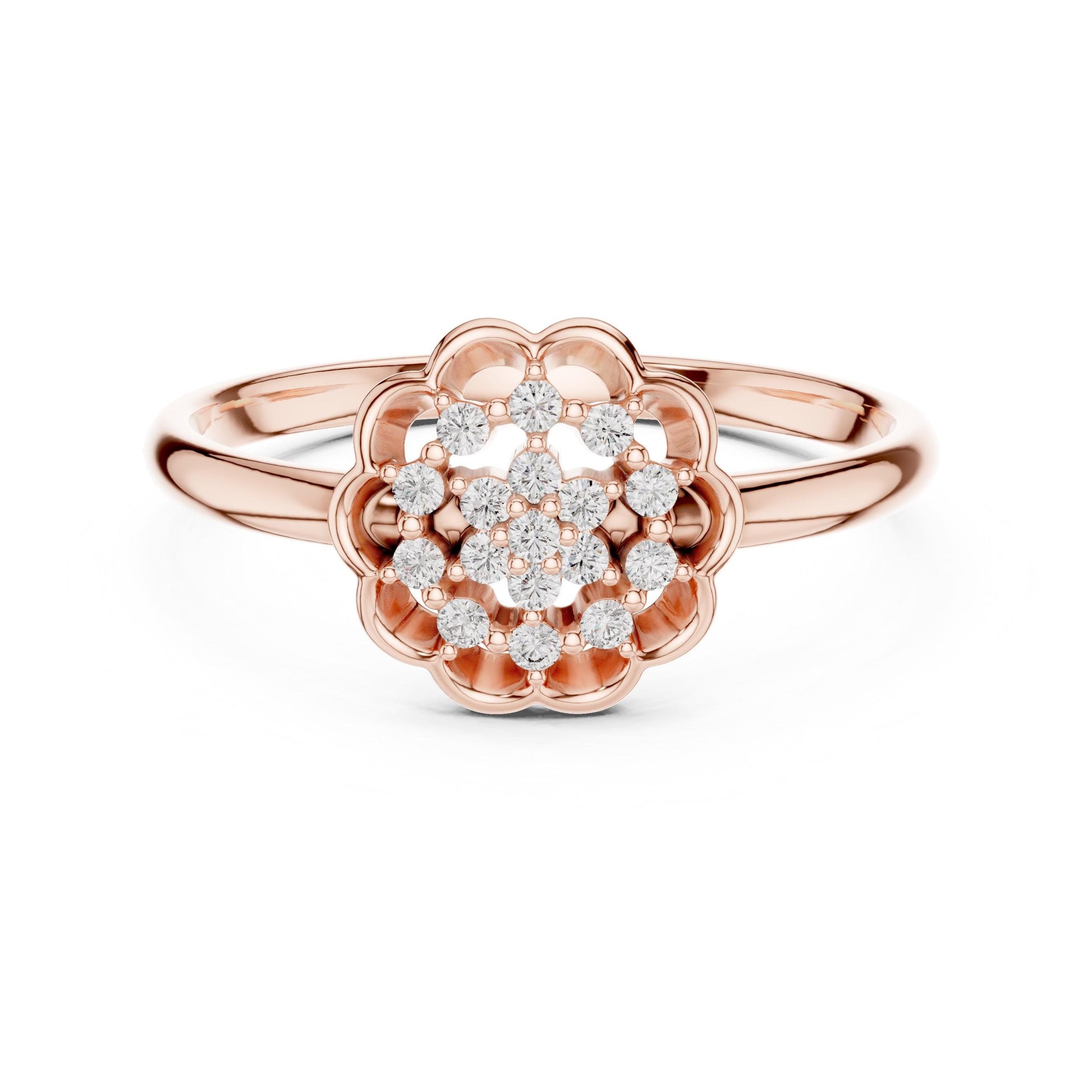 Riora floral halo moissanite diamond engagement ring in gold rose with vintage flower design and wedding jewelry details