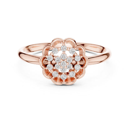 Riora floral halo moissanite diamond engagement ring in gold rose with vintage flower design and wedding jewelry details