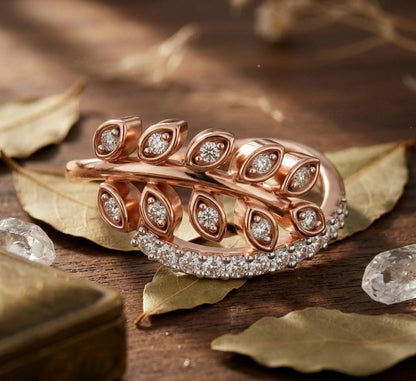 Riora Moissanite leaf wrap ring with gold and silver band featuring botanical-inspired, nature-themed design.