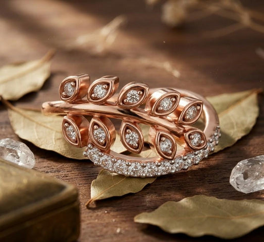 Riora Moissanite leaf wrap ring with gold and silver band featuring botanical-inspired, nature-themed design.