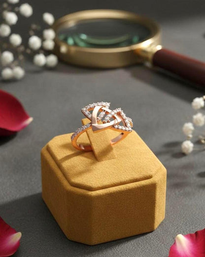 Riora geometric moissanite diamond statement ring in rose gold with modern minimalist design and bold geometric shapes.