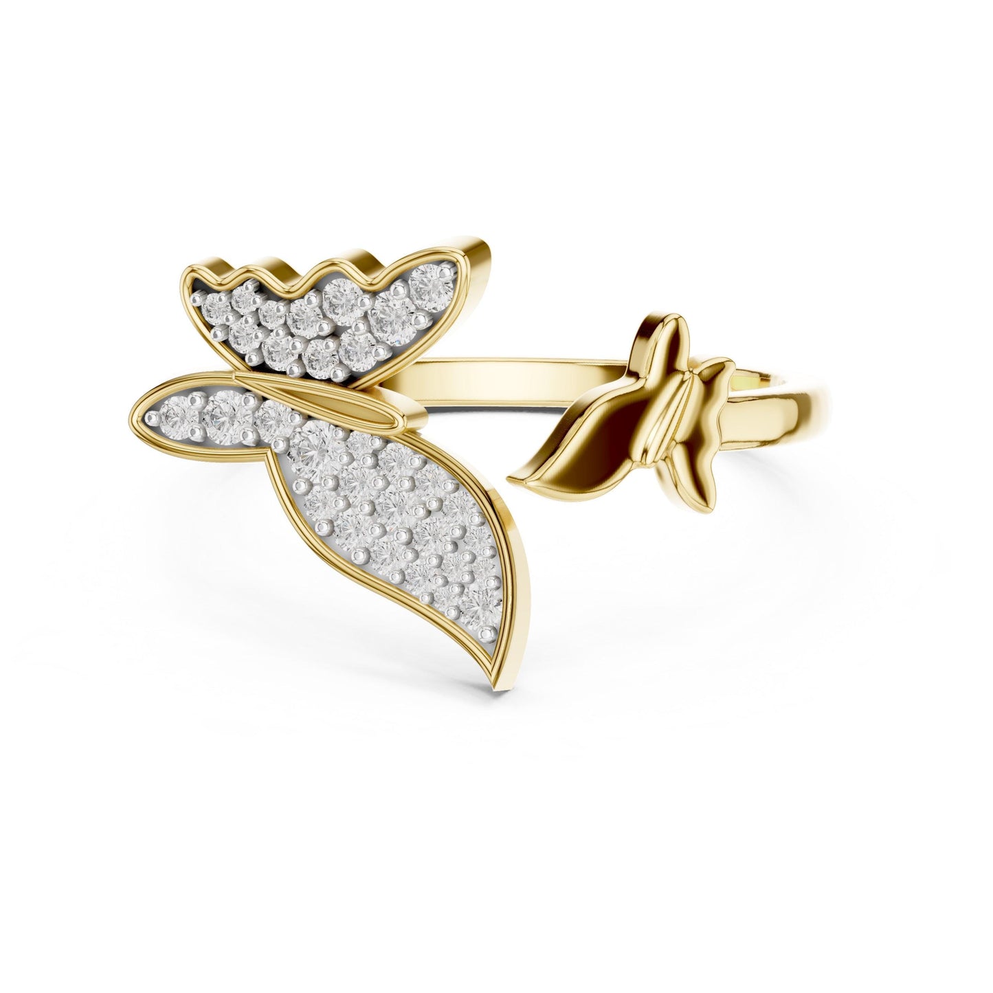 Riora moissanite butterfly ring in gold, rose gold, or silver with a nature-inspired, minimalist diamond look promise band.