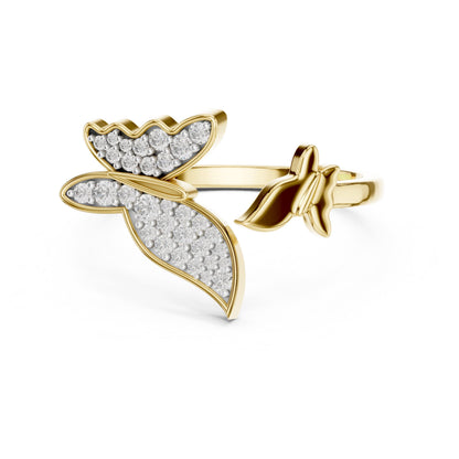 Riora moissanite butterfly ring in gold, rose gold, or silver with a nature-inspired, minimalist diamond look promise band.