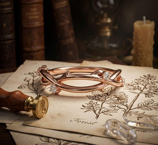Rose gold moissanite branch ring with a nature-inspired twig design, minimalist style, resembling a delicate diamond look ring.
