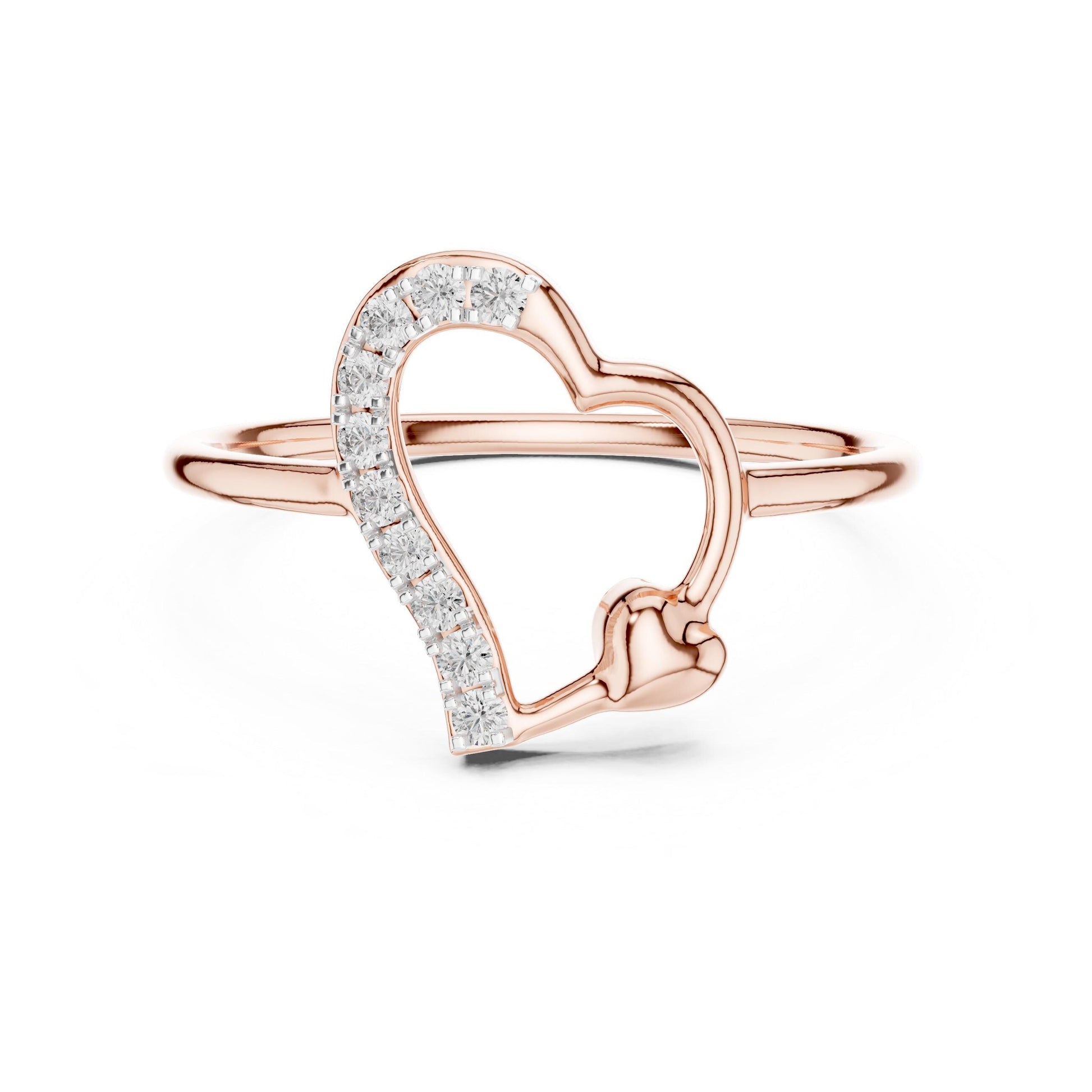Riora moissanite heart ring with open band in rose gold and silver, minimalist romantic jewelry for women.