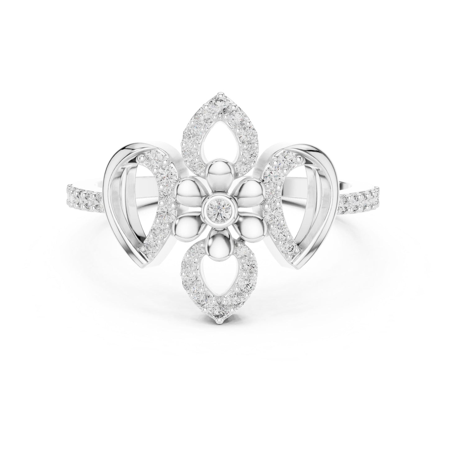 Rose gold floral moissanite diamond ring with vintage flower design, perfect as a statement engagement or bridal jewelry by Riora.
