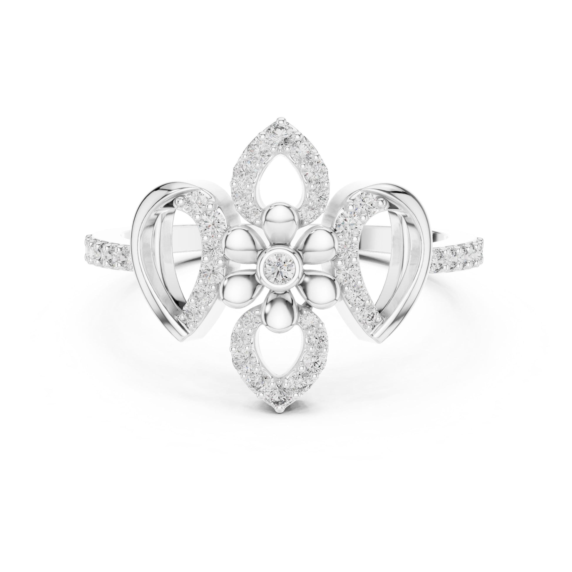 Rose gold floral moissanite diamond ring with vintage flower design, perfect as a statement engagement or bridal jewelry by Riora.