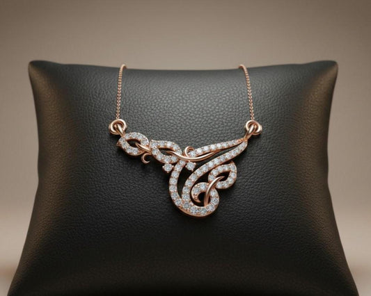 Riora Moissanite swirl pendant necklace in gold, rose, and silver, elegant statement jewelry for bridal or anniversary gifts
