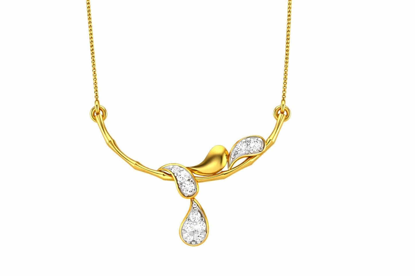 Riora Moissanite drop pendant necklace in gold rose jewelry style, elegant minimalist bridal diamond look, on a white background.