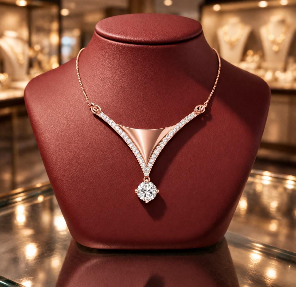 Riora Moissanite V pendant necklace with rose silver finish, elegant minimalist bridal jewelry for women, perfect wedding gift