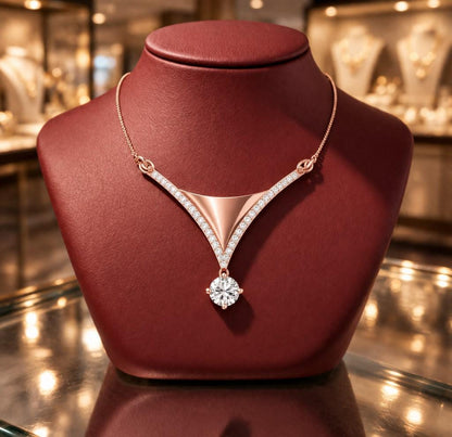 Riora Moissanite V pendant necklace with rose silver finish, elegant minimalist bridal jewelry for women, perfect wedding gift