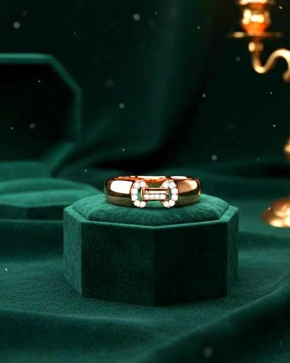 Rose gold luxury moissanite diamond band ring by Riora, minimalist stacking wedding and anniversary jewelry with dainty design.