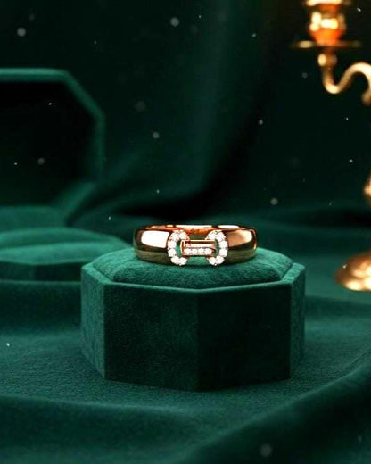 Rose gold luxury moissanite diamond band ring by Riora, minimalist stacking wedding and anniversary jewelry with dainty design.