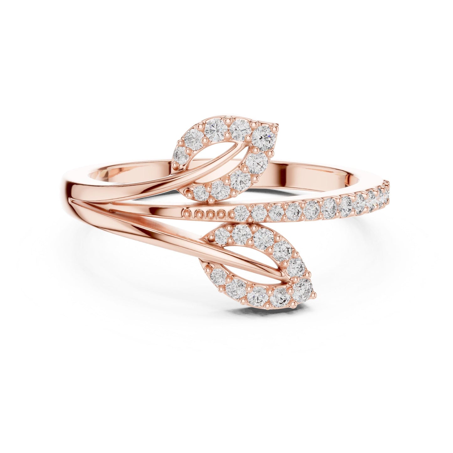 Rose gold Leaf Wrap Moissanite diamond engagement ring featuring botanical design, dainty wedding band, by Riora.