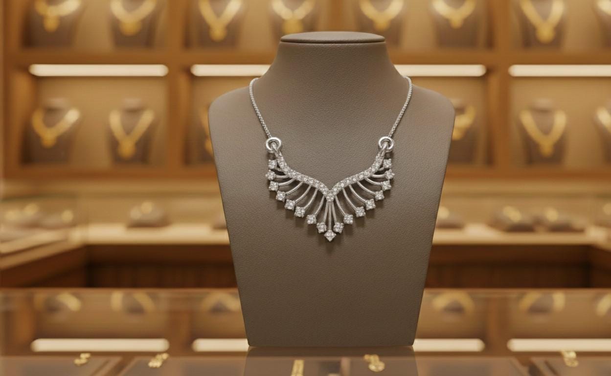 Silver necklace on a mannequin bust with a jewelry store background