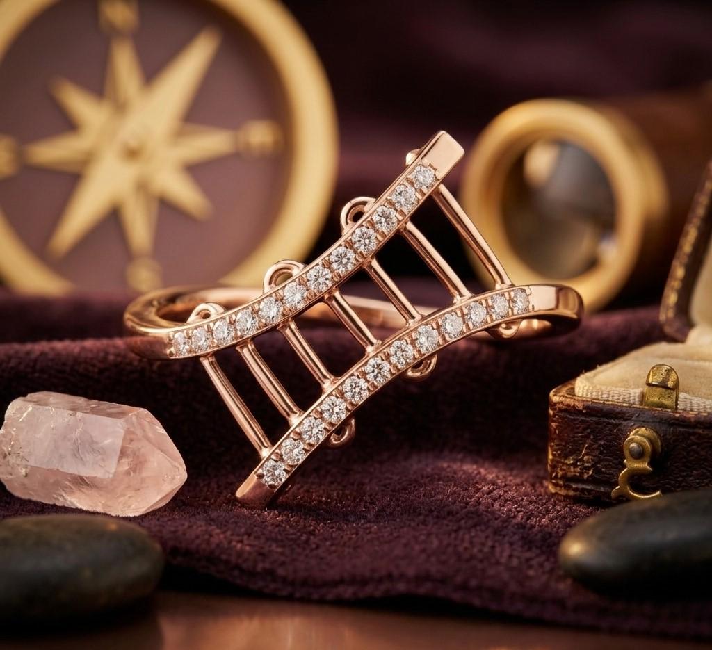 Riora curved moissanite crossover ring with open ladder design in rose gold, minimalist statement band for women.
