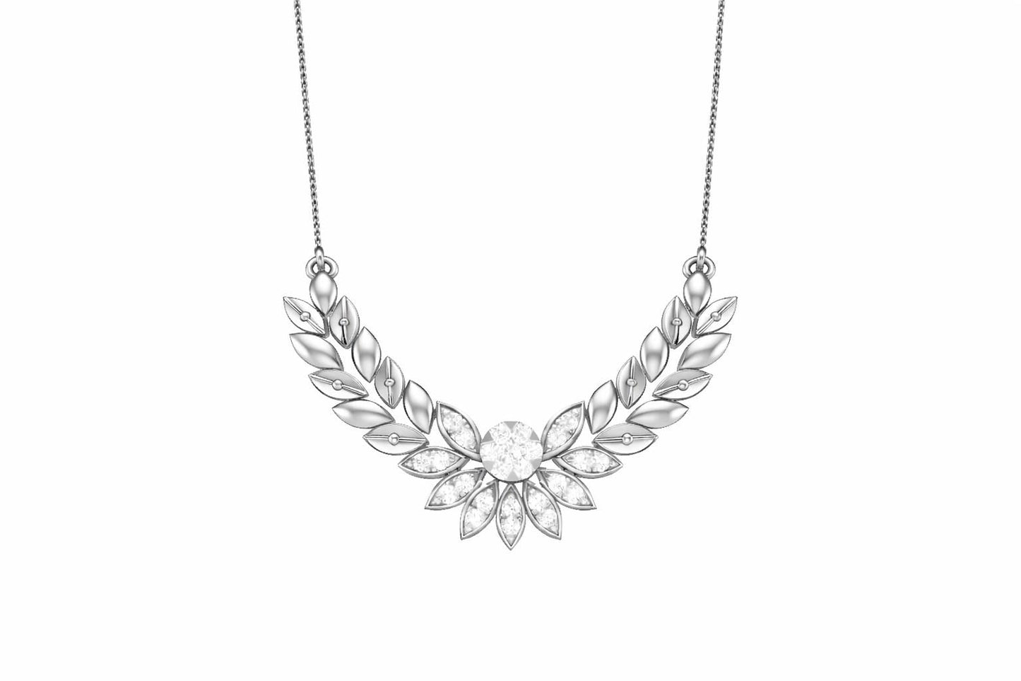 Riora Moissanite Laurel Leaf Necklace in gold and rose gold, minimalist bridal pendant with diamond-style detail on a delicate chain