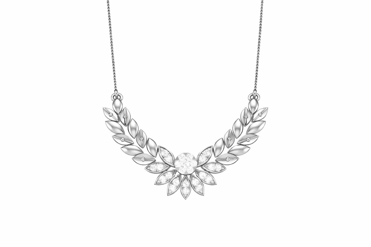 Riora Moissanite Laurel Leaf Necklace in gold and rose gold, minimalist bridal pendant with diamond-style detail on a delicate chain