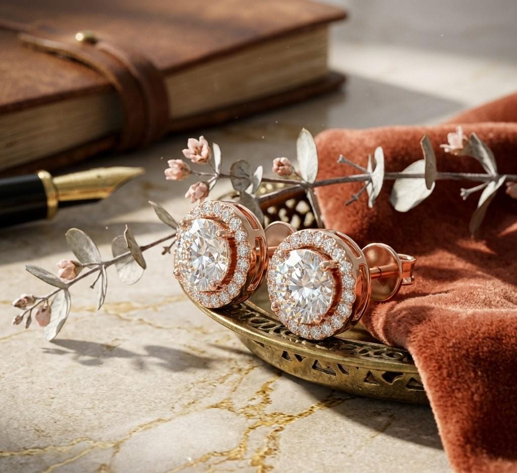 Riora Halo moissanite diamond stud earrings in gold, rose, and silver with minimalist design, ideal for bridal jewelry or gift.