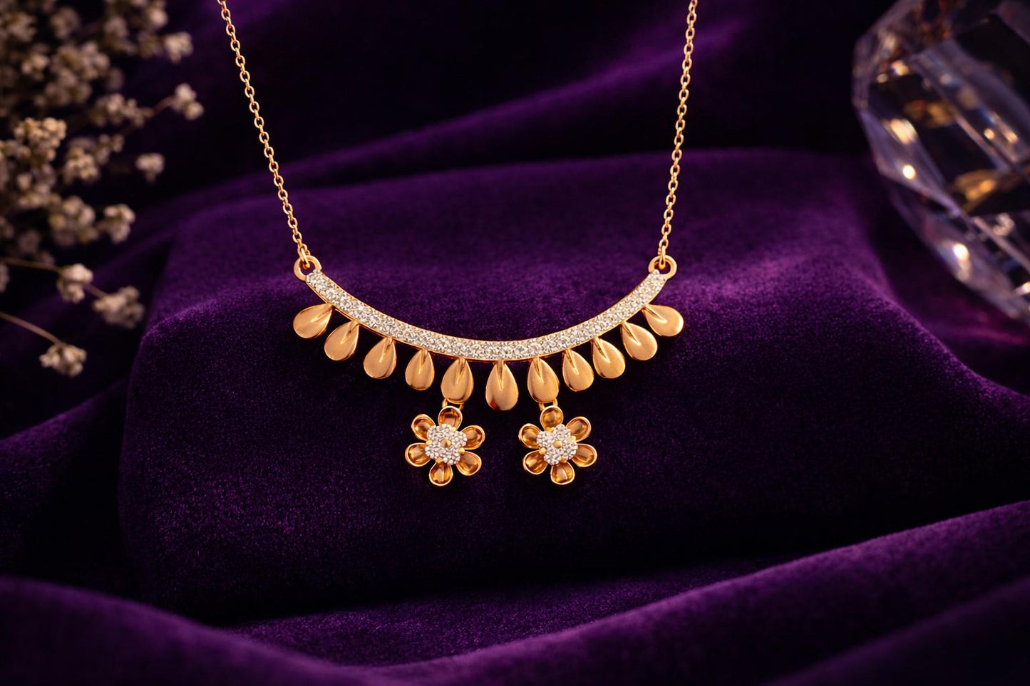 Riora moissanite floral necklace with rose gold and silver, dainty flower pendant perfect for bridal or gift for her.