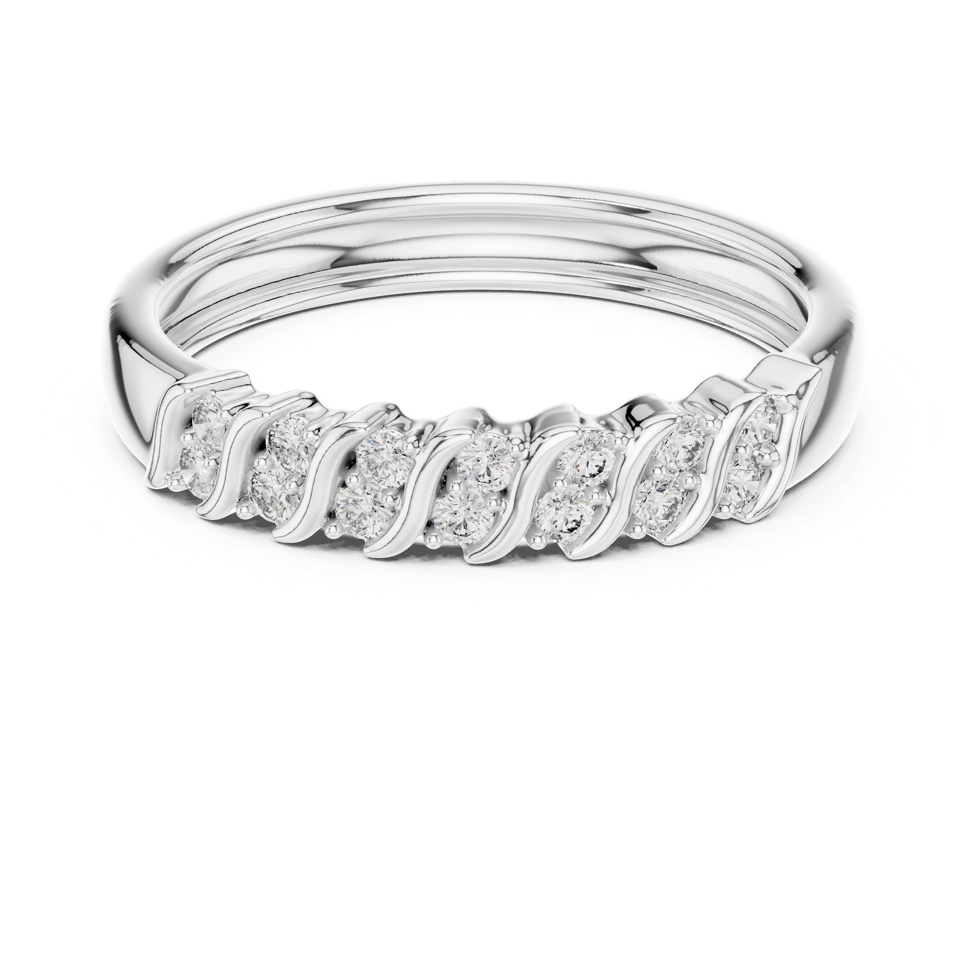 Riora Moissanite curved diamond wave wedding band with half eternity design in rose gold and silver, ideal for anniversaries.