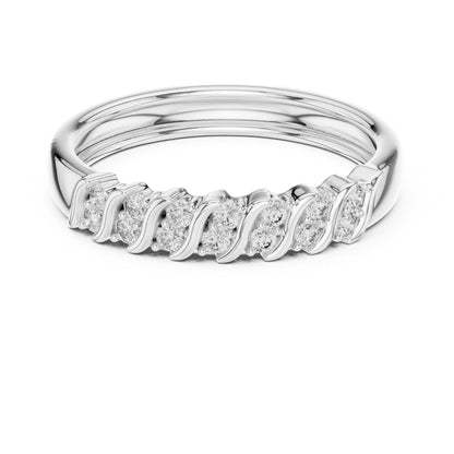 Riora Moissanite curved diamond wave wedding band with half eternity design in rose gold and silver, ideal for anniversaries.