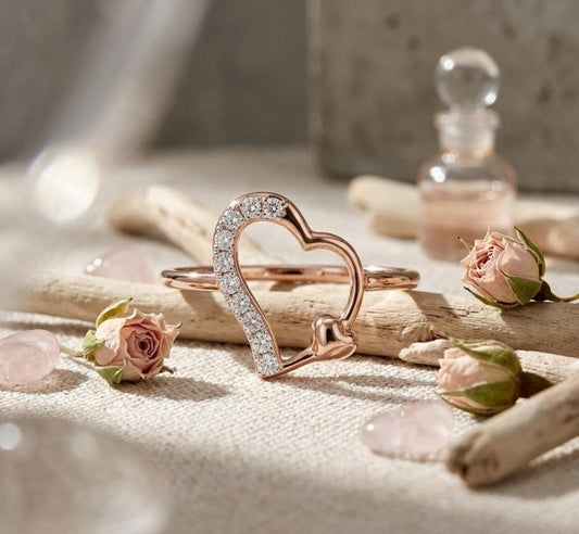 Riora moissanite heart ring with open band in rose gold and silver, minimalist romantic jewelry for women.
