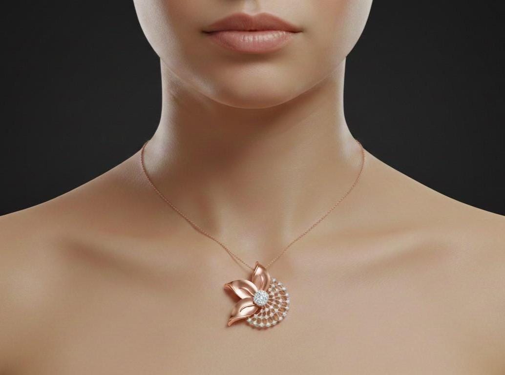 Moissanite Flower Pendant Necklace, Gold Rose Silver Floral Charm,  Hypoallergenic Gift for Her