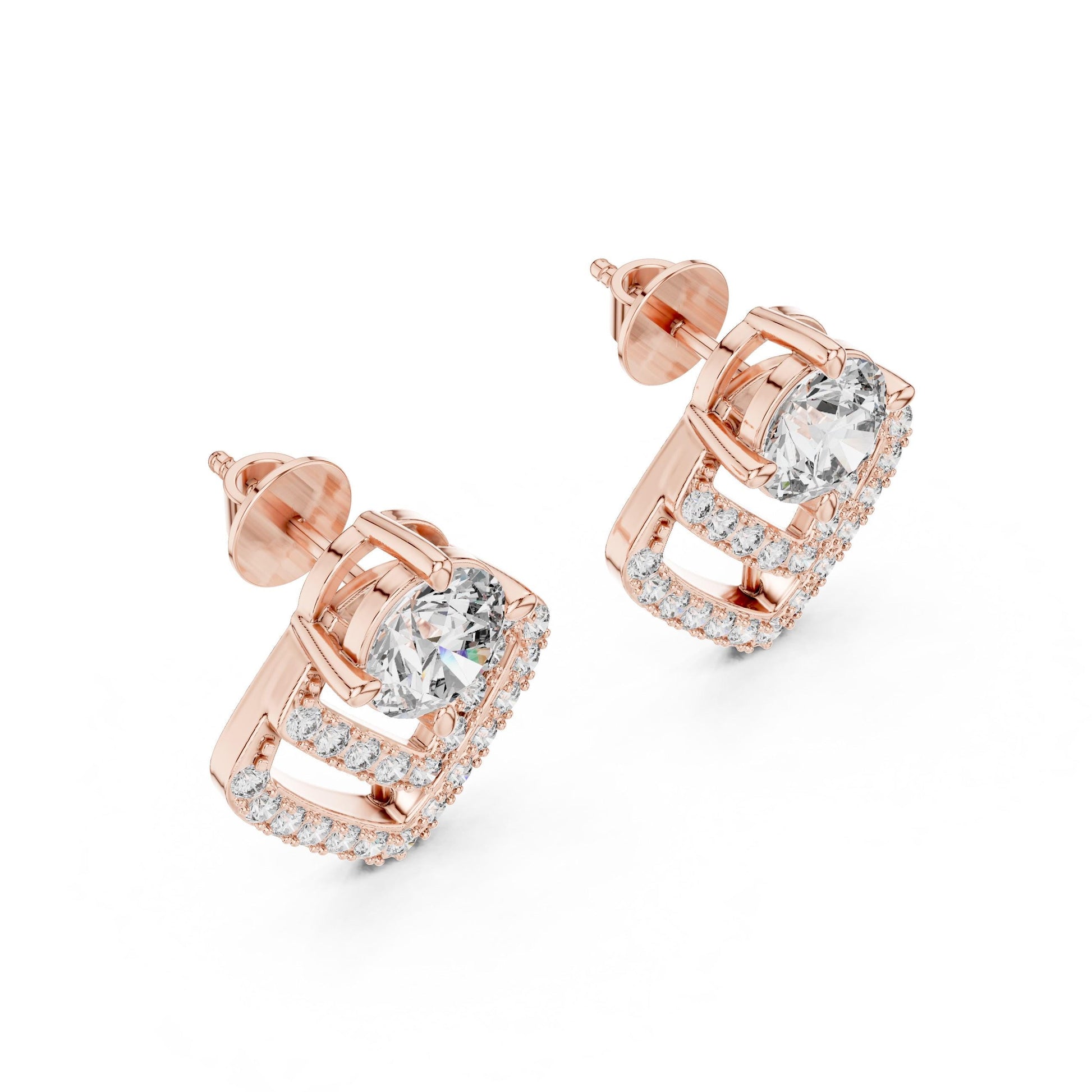 Riora geometric moissanite diamond stud earrings in gold and rose gold with minimalist triangle design, perfect for elegant jewelry.