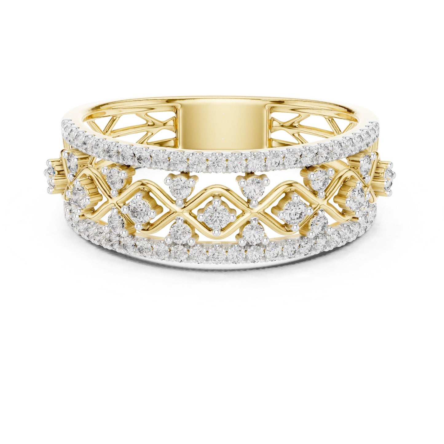 Riora vintage moissanite diamond eternity band in rose gold and silver with lattice design, perfect for wedding or anniversary jewelry.