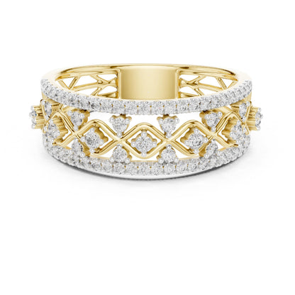 Riora vintage moissanite diamond eternity band in rose gold and silver with lattice design, perfect for wedding or anniversary jewelry.