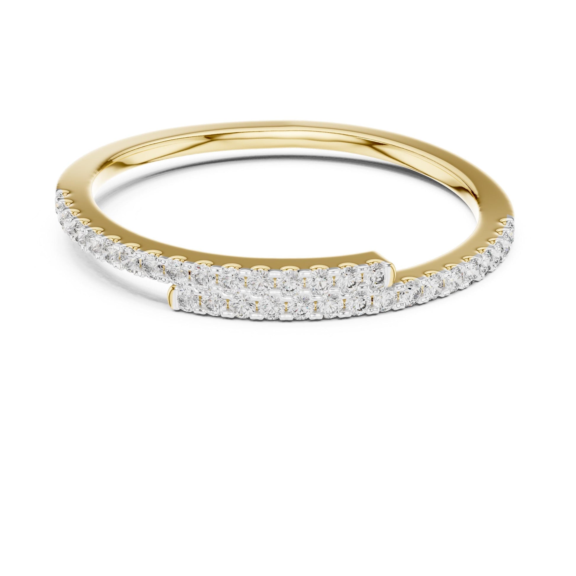 Rose gold moissanite curved wedding band with half eternity diamond style, minimalist stacking ring by Riora, showcasing sparkling stones.