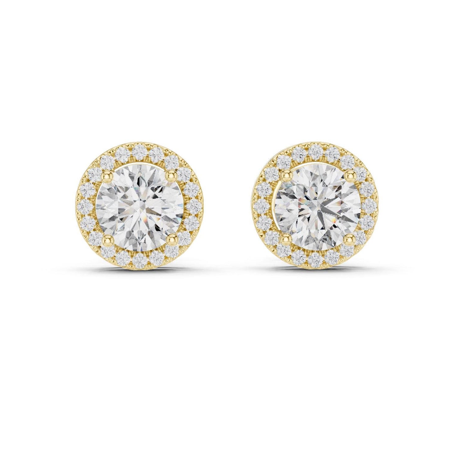 Riora Halo moissanite diamond stud earrings with gold, rose, and silver finishes, minimalist bridal jewelry for elegant gift.