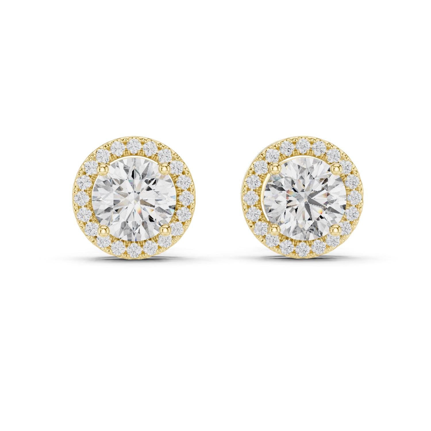 Riora Halo moissanite diamond stud earrings with gold, rose, and silver finishes, minimalist bridal jewelry for elegant gift.