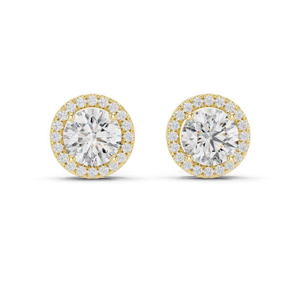 Riora Halo moissanite diamond stud earrings with gold, rose, and silver finishes, minimalist bridal jewelry for elegant gift.