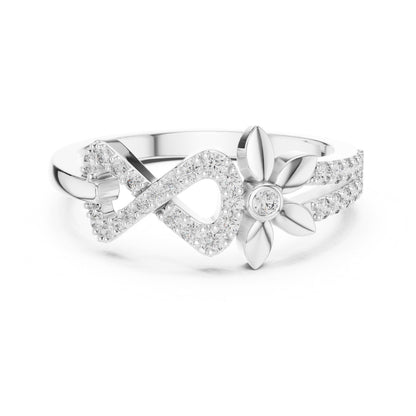 Gold infinity flower ring with moissanite diamonds, featuring a minimalist floral design for engagement or promise jewelry.