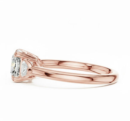 Elegant CZ engagement ring by Riora featuring gold, rose, and silver tones with hypoallergenic, nickel-free design.
